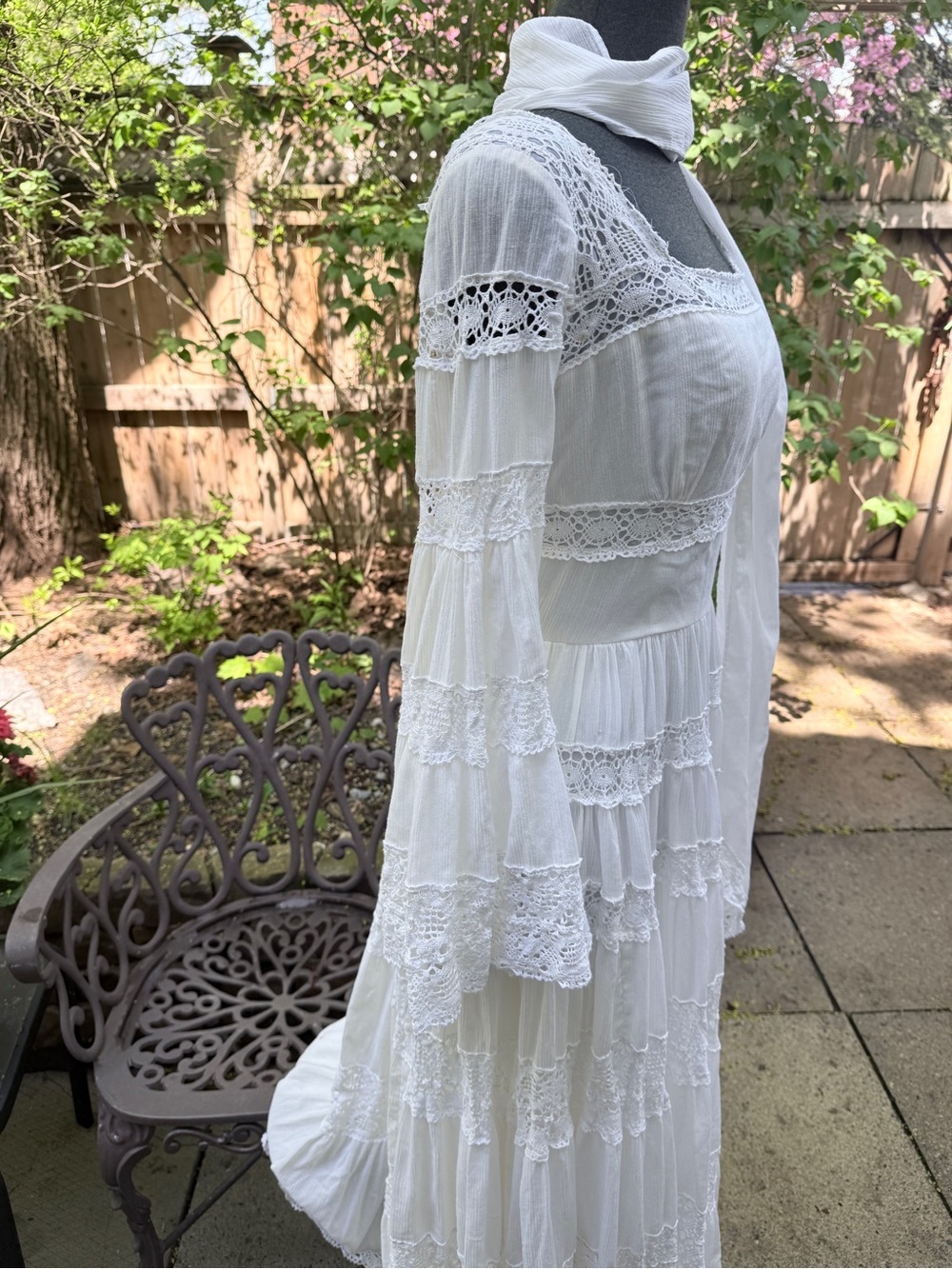 VINTAGE 70s Lily Simon Montreal Lace Prairie Maxi Dress + Matching Scarf - Picture 4 of 14